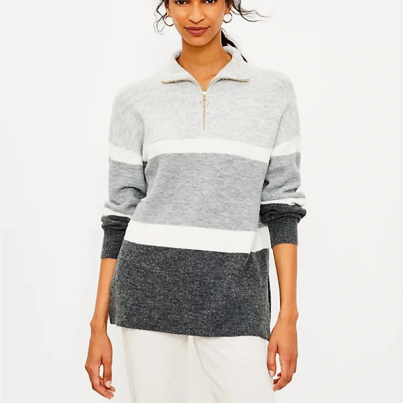 LOFT Gray & White Striped Quarter Zip Tunic Sweater Small Petite Women’s - Picture 12 of 12